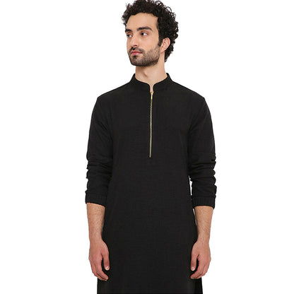 PS Men by Payal Singhal Black Soft Linen Bomber Kurta with Jogger Pant (Set of 2)