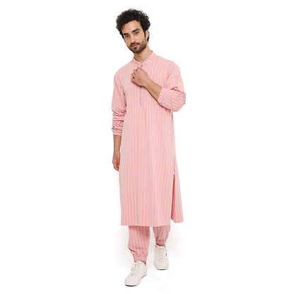 PS Men by Payal Singhal Rose Pink Stripe Lycra Bomber Kurta with Jogger Pant (Set of 2)
