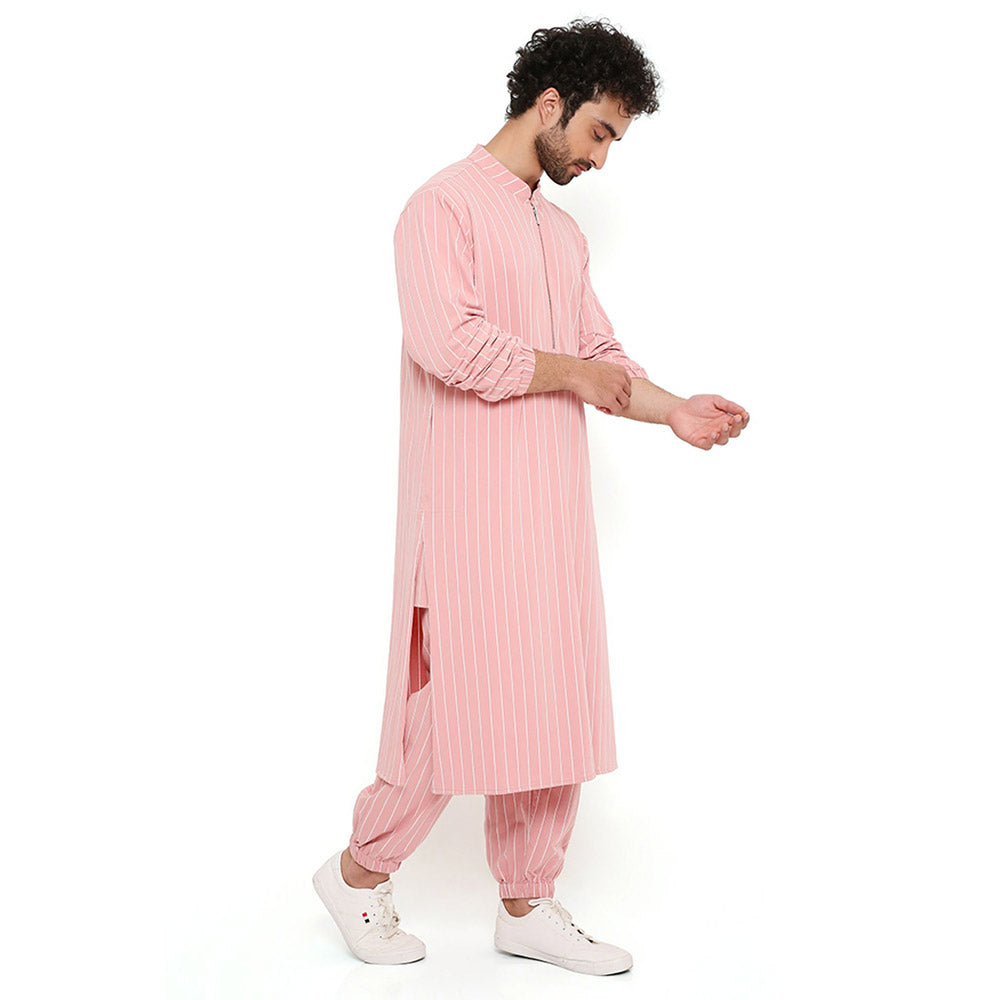 PS Men by Payal Singhal Rose Pink Stripe Lycra Bomber Kurta with Jogger Pant (Set of 2)