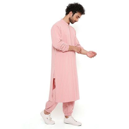 PS Men by Payal Singhal Rose Pink Stripe Lycra Bomber Kurta with Jogger Pant (Set of 2)
