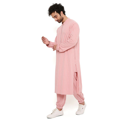 PS Men by Payal Singhal Rose Pink Stripe Lycra Bomber Kurta with Jogger Pant (Set of 2)