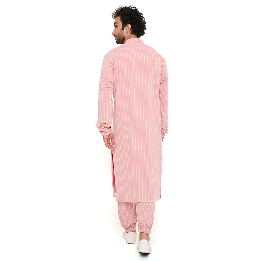PS Men by Payal Singhal Rose Pink Stripe Lycra Bomber Kurta with Jogger Pant (Set of 2)