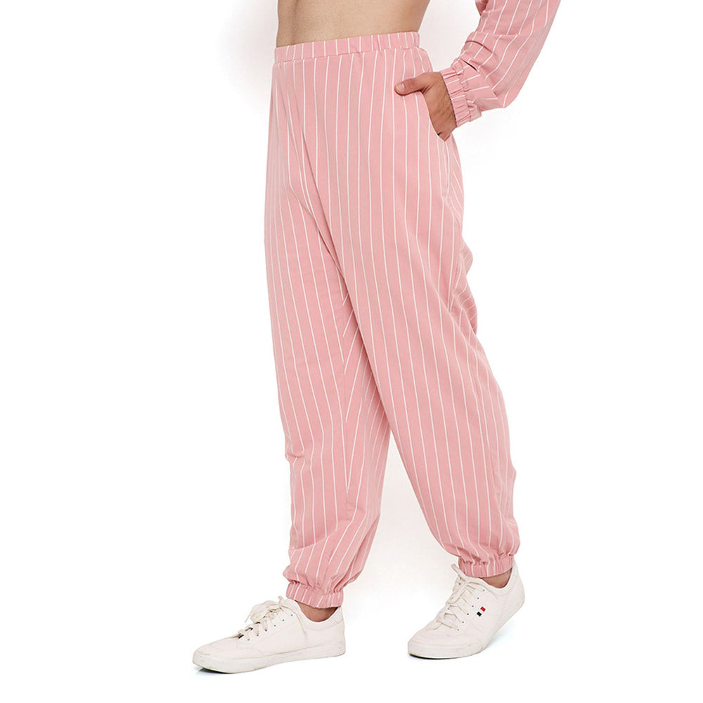 PS Men by Payal Singhal Rose Pink Stripe Lycra Bomber Kurta with Jogger Pant (Set of 2)