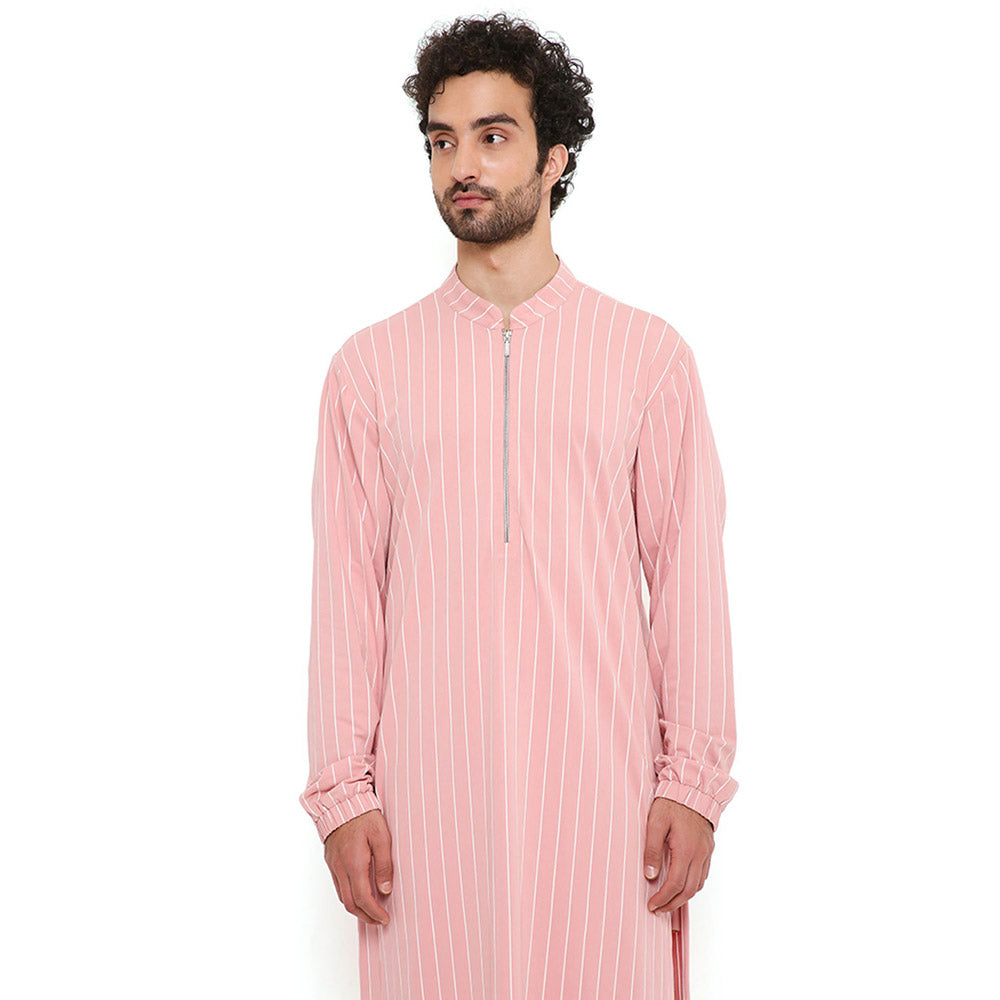PS Men by Payal Singhal Rose Pink Stripe Lycra Bomber Kurta with Jogger Pant (Set of 2)