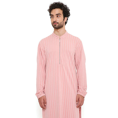 PS Men by Payal Singhal Rose Pink Stripe Lycra Bomber Kurta with Jogger Pant (Set of 2)