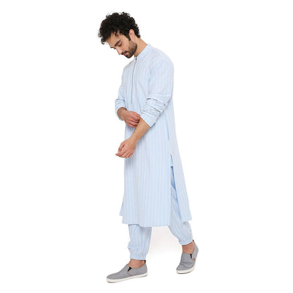 PS Men by Payal Singhal Aqua Blue Stripe Lycra Bomber Kurta with Jogger Pant (Set of 2)