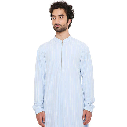 PS Men by Payal Singhal Aqua Blue Stripe Lycra Bomber Kurta with Jogger Pant (Set of 2)