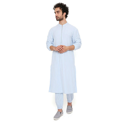 PS Men by Payal Singhal Aqua Blue Stripe Lycra Bomber Kurta with Jogger Pant (Set of 2)