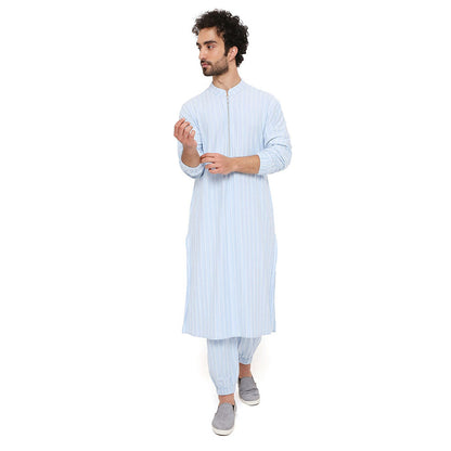 PS Men by Payal Singhal Aqua Blue Stripe Lycra Bomber Kurta with Jogger Pant (Set of 2)