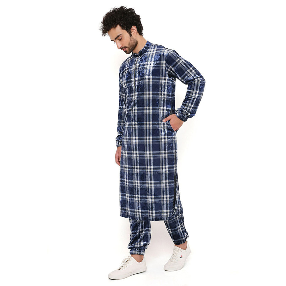 PS Men by Payal Singhal Navy with White Checks Velvet Bomber Kurta with Jogger Pant (Set of 2)