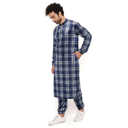 PS Men by Payal Singhal Navy with White Checks Velvet Bomber Kurta with Jogger Pant (Set of 2)