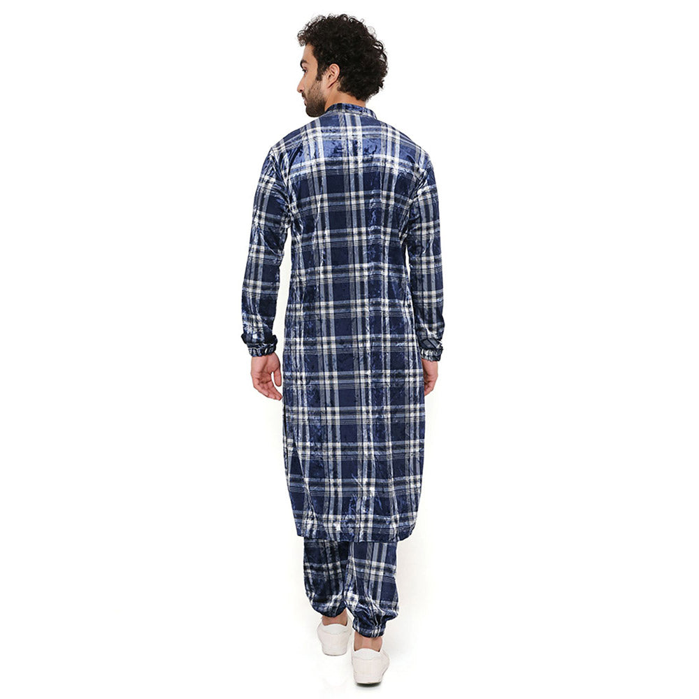 PS Men by Payal Singhal Navy with White Checks Velvet Bomber Kurta with Jogger Pant (Set of 2)