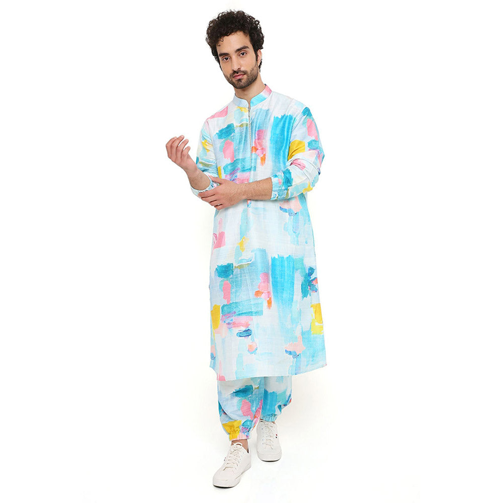 PS Men by Payal Singhal Painterly Print Dupion Silk Bomber Kurta with Jogger Pant (Set of 2)
