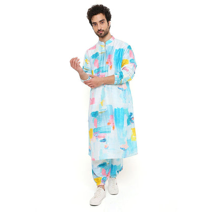 PS Men by Payal Singhal Painterly Print Dupion Silk Bomber Kurta with Jogger Pant (Set of 2)