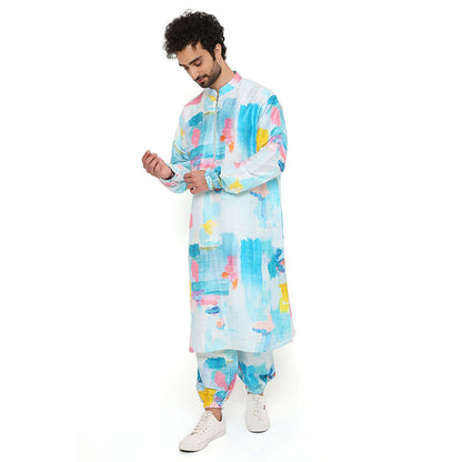 PS Men by Payal Singhal Painterly Print Dupion Silk Bomber Kurta with Jogger Pant (Set of 2)
