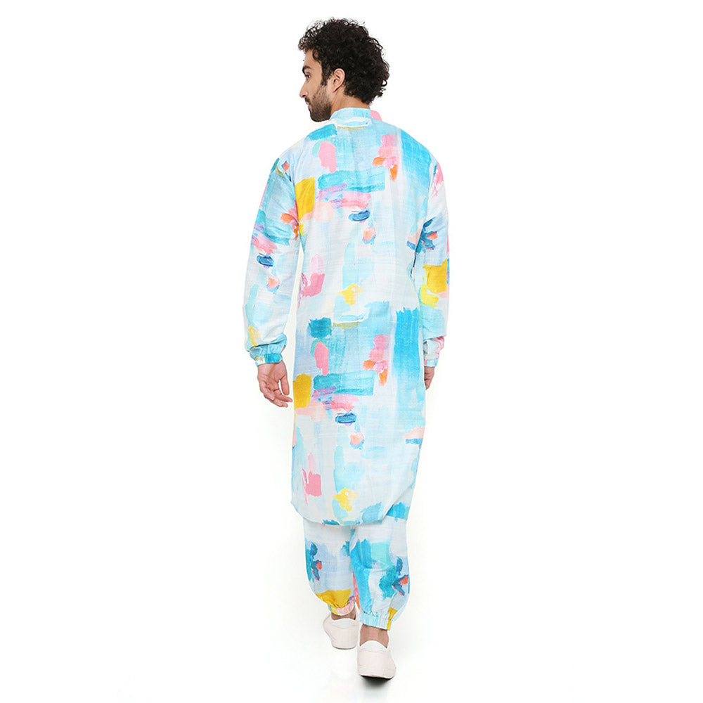 PS Men by Payal Singhal Painterly Print Dupion Silk Bomber Kurta with Jogger Pant (Set of 2)