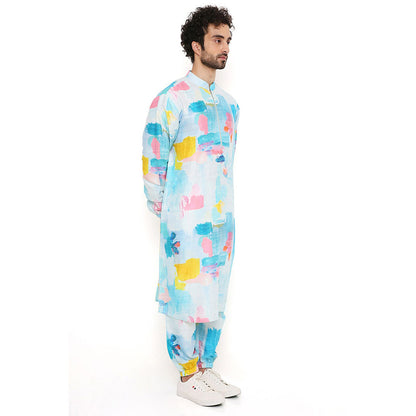 PS Men by Payal Singhal Painterly Print Dupion Silk Bomber Kurta with Jogger Pant (Set of 2)