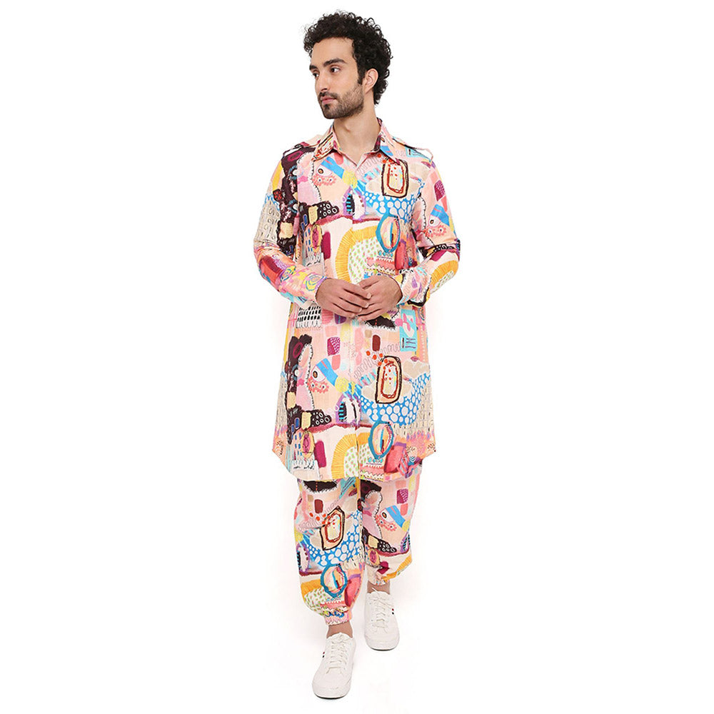 PS Men by Payal Singhal Trance Print Dupion Silk Pathani Kurta with Jogger Pant (Set of 2)