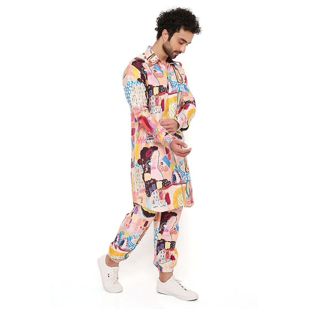 PS Men by Payal Singhal Trance Print Dupion Silk Pathani Kurta with Jogger Pant (Set of 2)