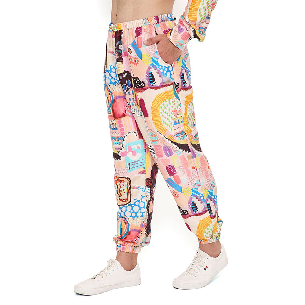 PS Men by Payal Singhal Trance Print Dupion Silk Pathani Kurta with Jogger Pant (Set of 2)