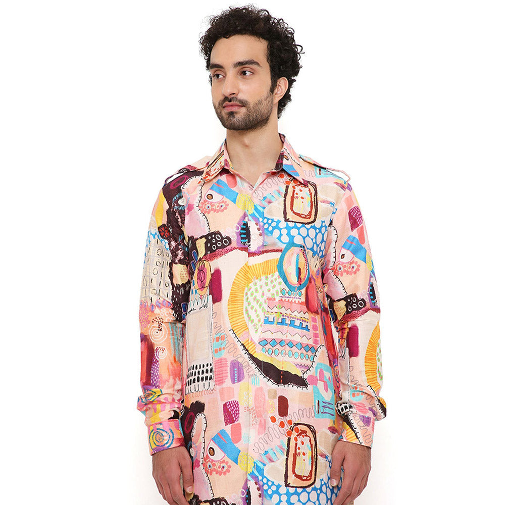PS Men by Payal Singhal Trance Print Dupion Silk Pathani Kurta with Jogger Pant (Set of 2)