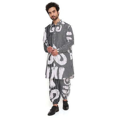 PS Men by Payal Singhal Trance Print Silk Pathani Kurta with Jogger Pant (Set of 2)