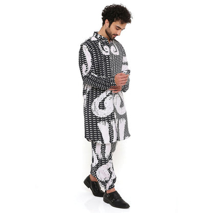 PS Men by Payal Singhal Trance Print Silk Pathani Kurta with Jogger Pant (Set of 2)
