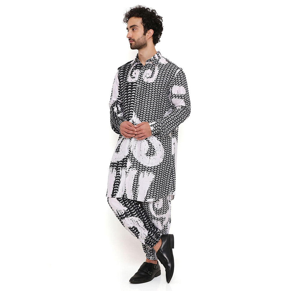 PS Men by Payal Singhal Trance Print Silk Pathani Kurta with Jogger Pant (Set of 2)