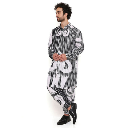 PS Men by Payal Singhal Trance Print Silk Pathani Kurta with Jogger Pant (Set of 2)