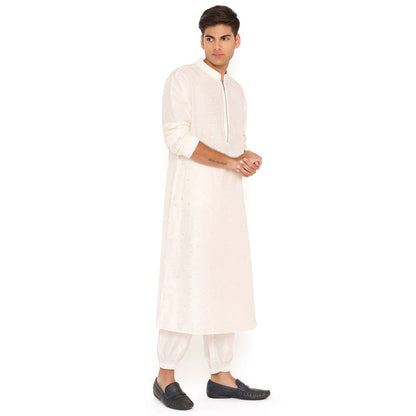 PS Men by Payal Singhal Chalk White Abla Silk Bomber Kurta with Jogger Pant (Set of 2)