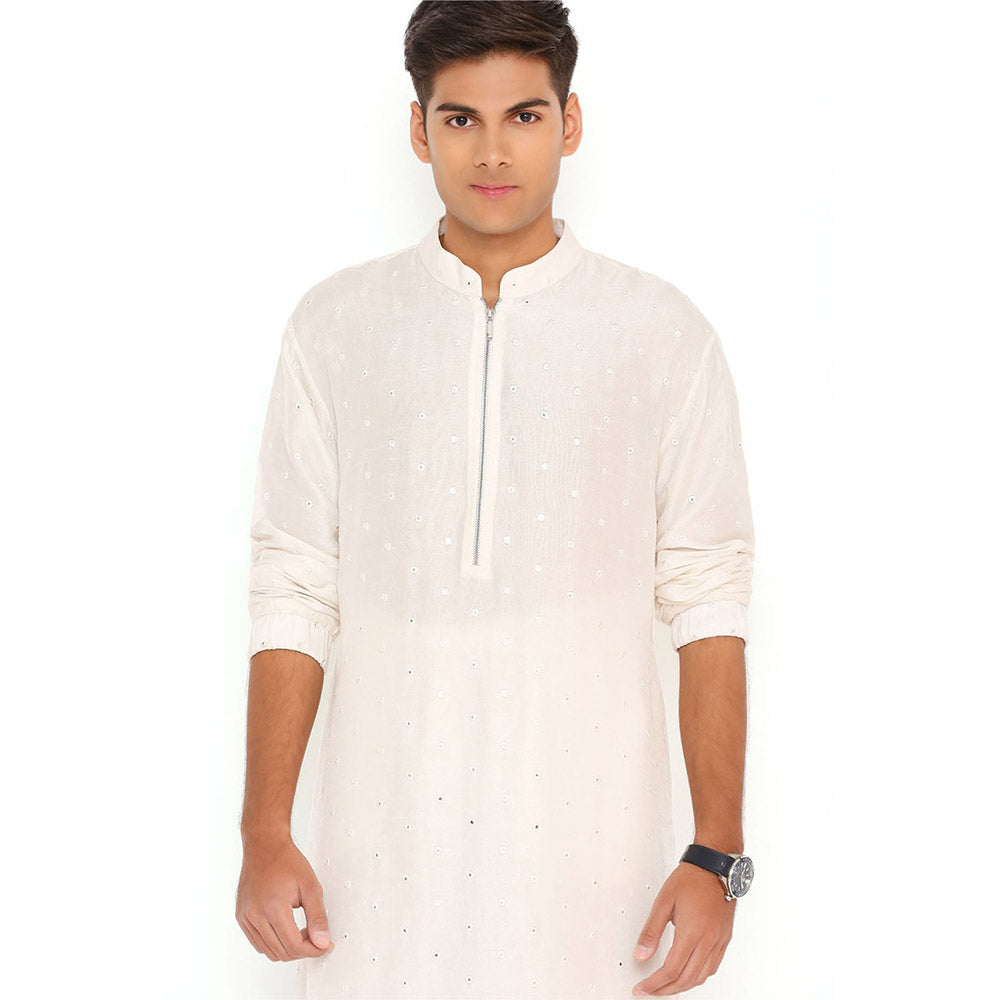 PS Men by Payal Singhal Chalk White Abla Silk Bomber Kurta with Jogger Pant (Set of 2)