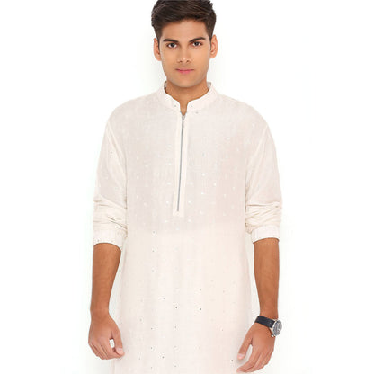 PS Men by Payal Singhal Chalk White Abla Silk Bomber Kurta with Jogger Pant (Set of 2)