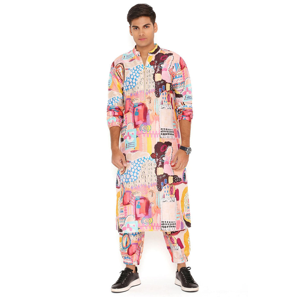 PS Men by Payal Singhal Trance Print Dupion Silk Bomber Kurta with Jogger Pant (Set of 2)