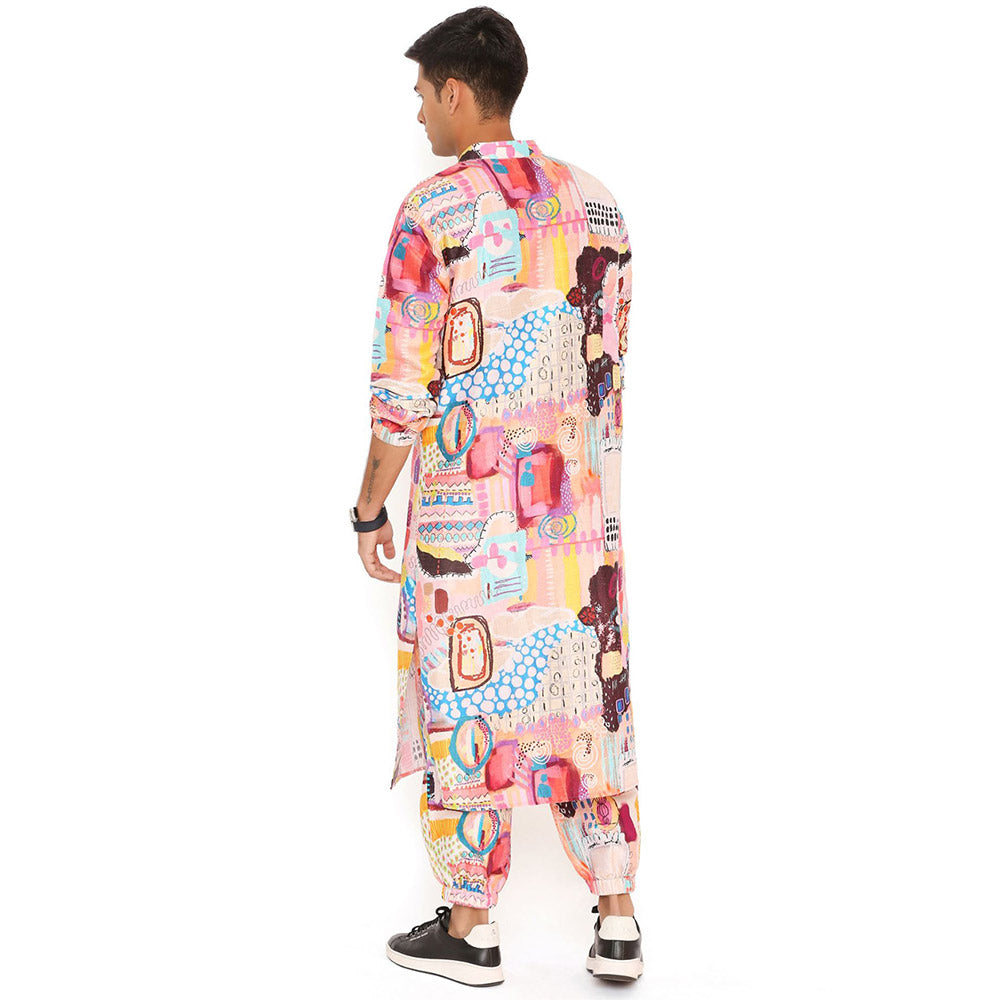 PS Men by Payal Singhal Trance Print Dupion Silk Bomber Kurta with Jogger Pant (Set of 2)