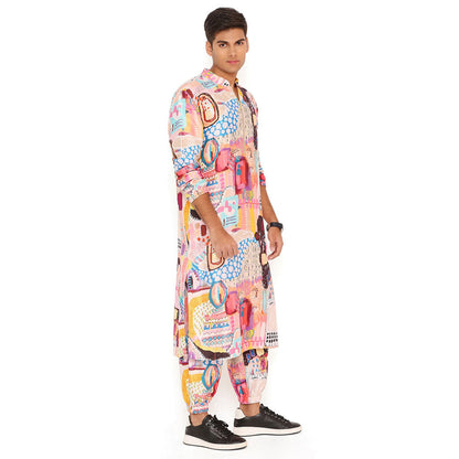 PS Men by Payal Singhal Trance Print Dupion Silk Bomber Kurta with Jogger Pant (Set of 2)