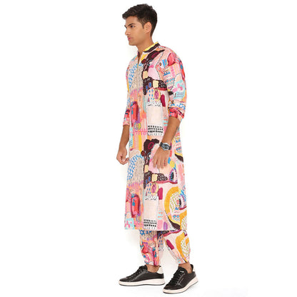 PS Men by Payal Singhal Trance Print Dupion Silk Bomber Kurta with Jogger Pant (Set of 2)