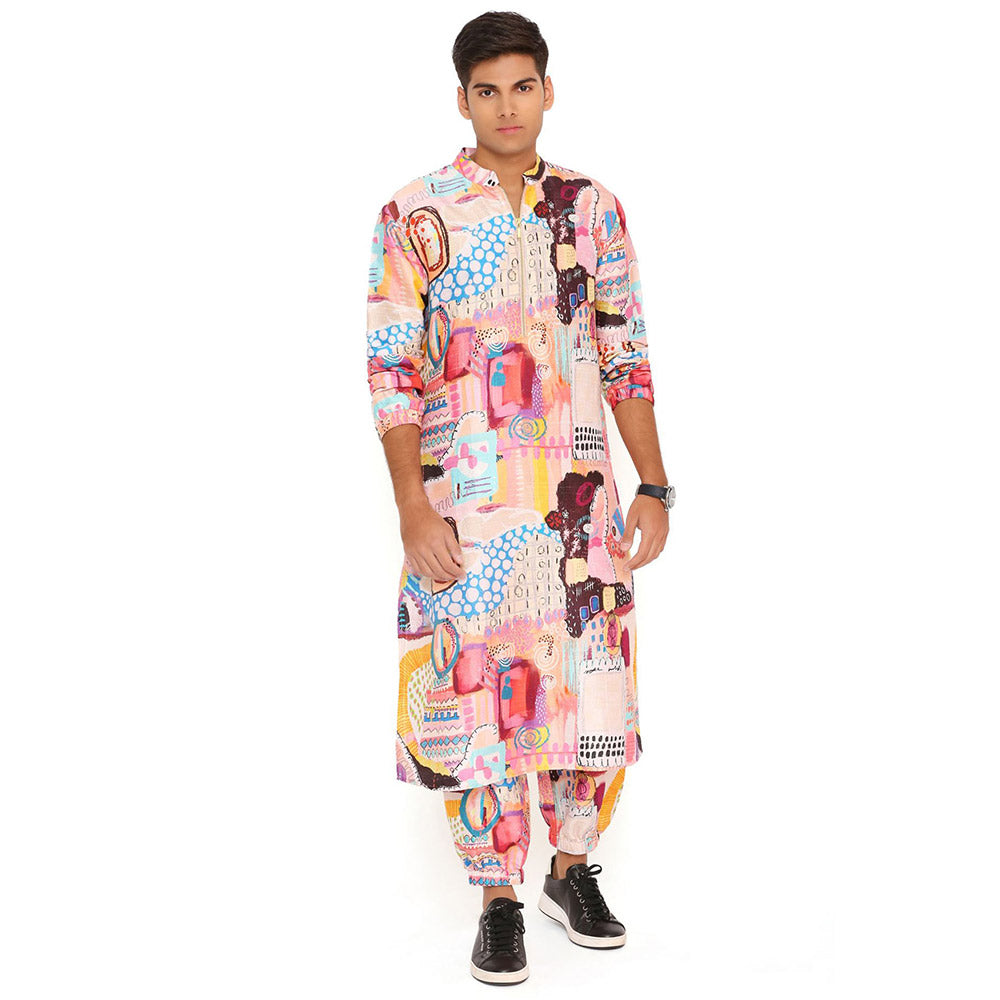 PS Men by Payal Singhal Trance Print Dupion Silk Bomber Kurta with Jogger Pant (Set of 2)