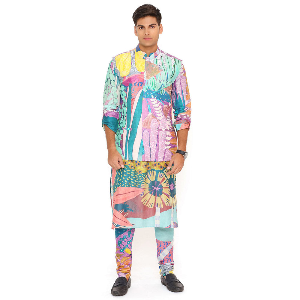 PS Men by Payal Singhal Purple Tropical Print Dupion Silk Bandi Kurta and Churidar (Set of 3)
