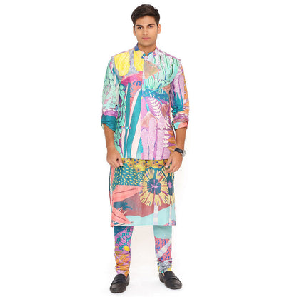 PS Men by Payal Singhal Purple Tropical Print Dupion Silk Bandi Kurta and Churidar (Set of 3)