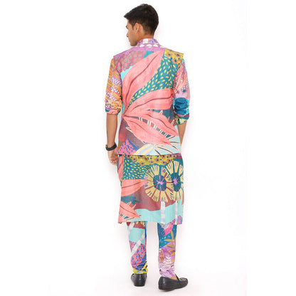 PS Men by Payal Singhal Purple Tropical Print Dupion Silk Bandi Kurta and Churidar (Set of 3)
