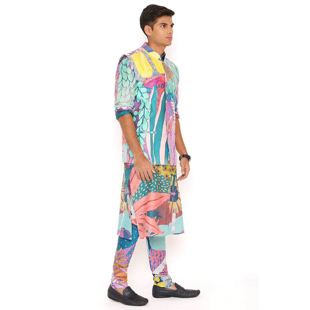 PS Men by Payal Singhal Purple Tropical Print Dupion Silk Bandi Kurta and Churidar (Set of 3)
