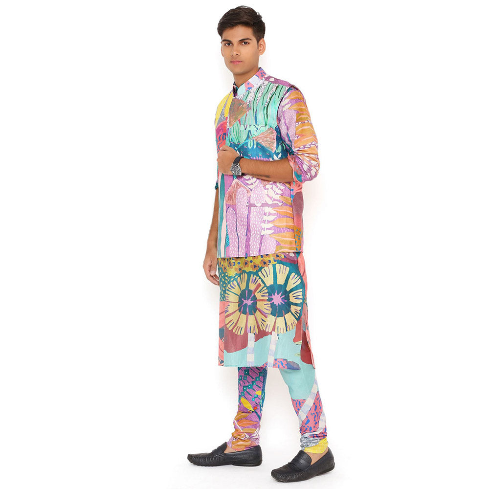 PS Men by Payal Singhal Purple Tropical Print Dupion Silk Bandi Kurta and Churidar (Set of 3)