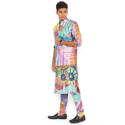 PS Men by Payal Singhal Purple Tropical Print Dupion Silk Bandi Kurta and Churidar (Set of 3)
