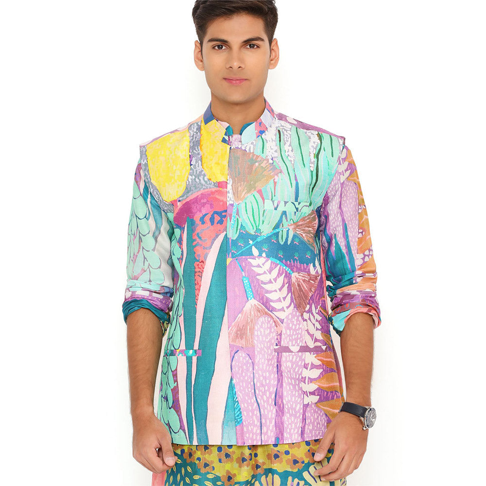 PS Men by Payal Singhal Purple Tropical Print Dupion Silk Bandi Kurta and Churidar (Set of 3)