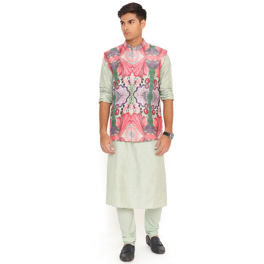 PS Men by Payal Singhal Red Enchanted Dupion Bandi Mint Kurta and Churidar (Set of 3)