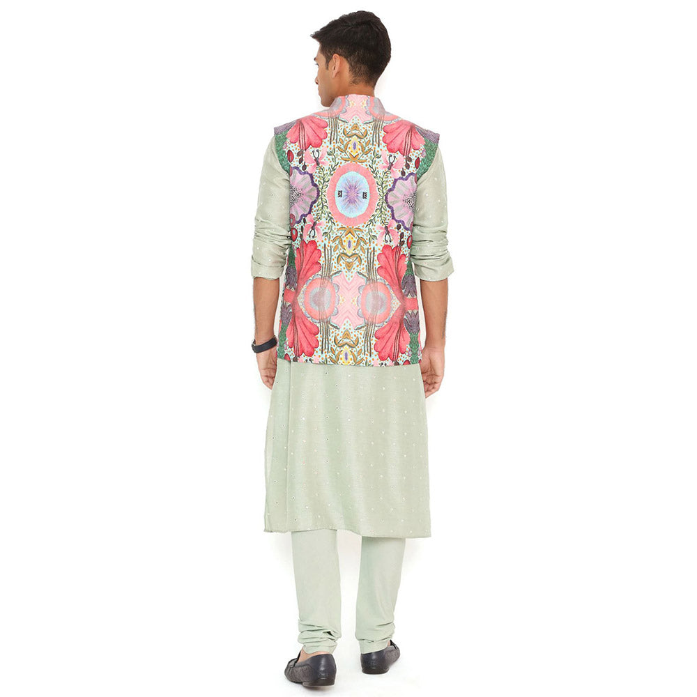 PS Men by Payal Singhal Red Enchanted Dupion Bandi Mint Kurta and Churidar (Set of 3)