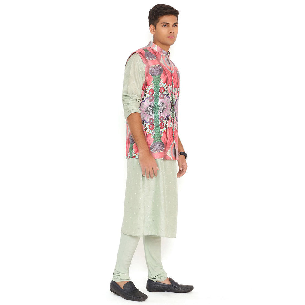 PS Men by Payal Singhal Red Enchanted Dupion Bandi Mint Kurta and Churidar (Set of 3)