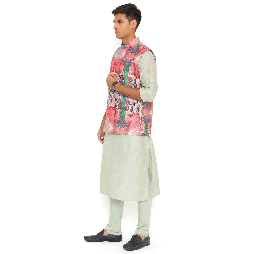 PS Men by Payal Singhal Red Enchanted Dupion Bandi Mint Kurta and Churidar (Set of 3)