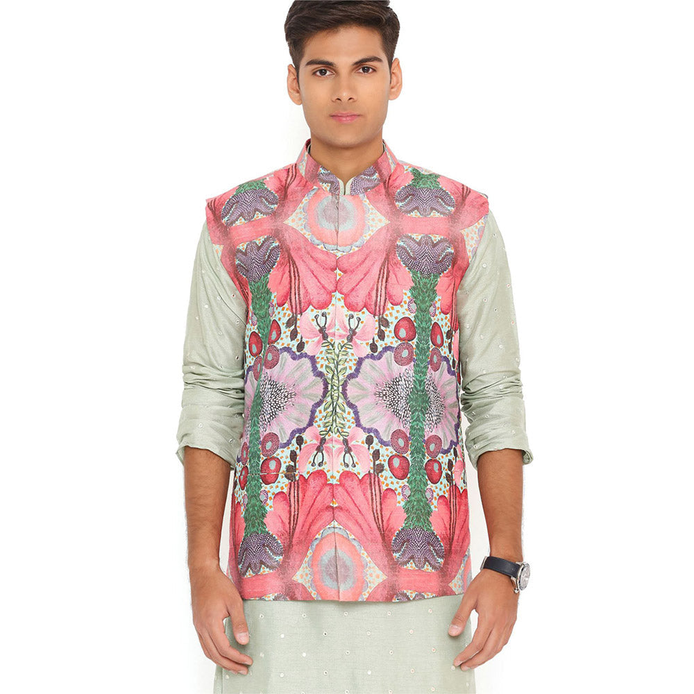 PS Men by Payal Singhal Red Enchanted Dupion Bandi Mint Kurta and Churidar (Set of 3)