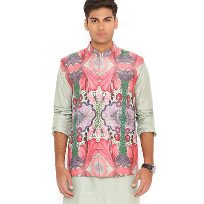 PS Men by Payal Singhal Red Enchanted Dupion Bandi Mint Kurta and Churidar (Set of 3)